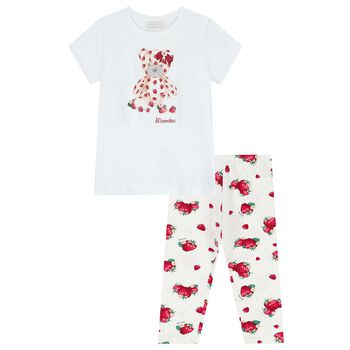 Girls White & Red Bear & Strawberry Leggings Set