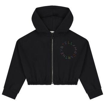 Girls Black Logo Hooded Zip Up Top