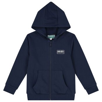 Navy Blue Logo Hooded Zip Up Top