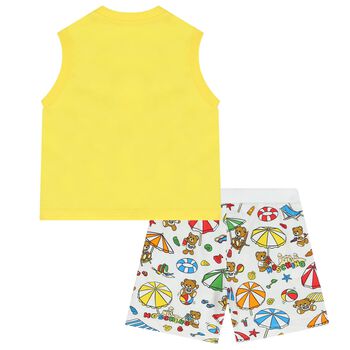 Yellow & White Teddy Bear Logo Shorts Set