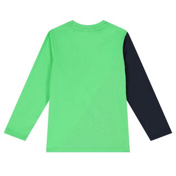 Boys Green & Navy Blue Logo Long Sleeve Top