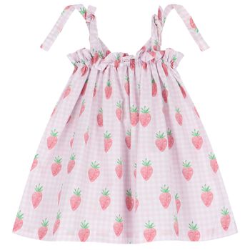 Girls White & Pink Gingham Strawberries Beach Dress