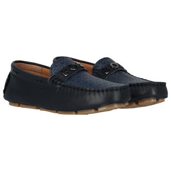 Boys Navy Blue Logo Moccasins