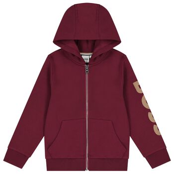 Boys Burgundy Logo Hooded Zip Up Top