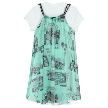 Girls Green & White Logo Dress