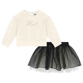 Younger Girls Ivory & Black Logo Skirt Set