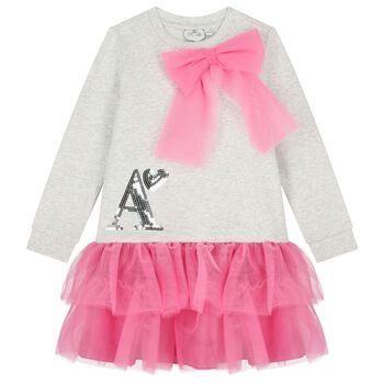 Girls Grey & Pink Logo Tulle Dress