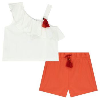 Girls White & Orange Shorts Set