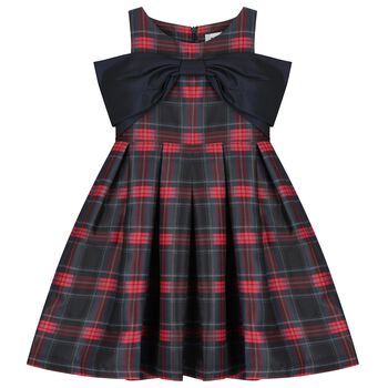 Girls Navy Blue Bow Tartan Dress