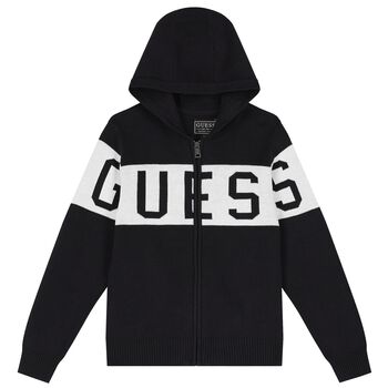 Boys Black & White Logo Knitted Hooded Zip Up Top