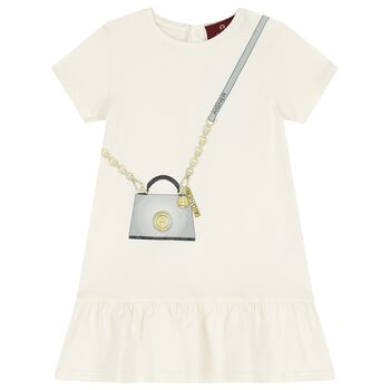 Younger Girls Ivory Bag Logo Dress