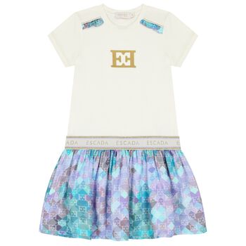 Girls Ivory & Blue Logo Dress