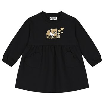 Younger Girls Black Teddy Bear Logo Dress