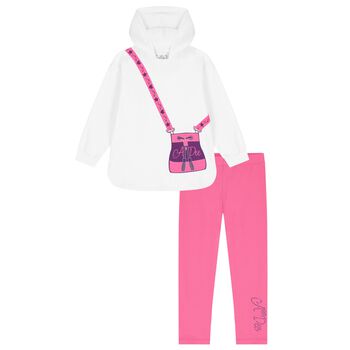 Girls White & Pink Hooded Leggings Set