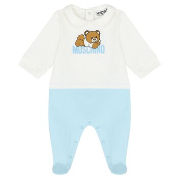 White & Blue Teddy Bear Logo Babygrow