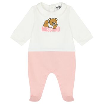 White & Pink Teddy Bear Logo Babygrow