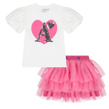 Girls White & Pink Heart Tulle Skirt Set