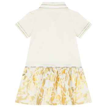 Younger Girls Ivory & Gold Logo Dress