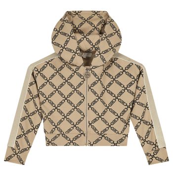 Girls Beige Logo Hooded Zip Up Top