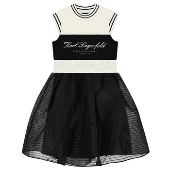 Girls Ivory & Black Logo Dress