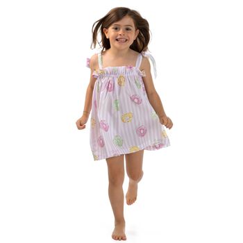 Girls White & Pink Striped Donuts Beach Dress