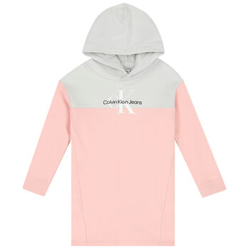 Girls Grey & Pink Logo Hooded Dress