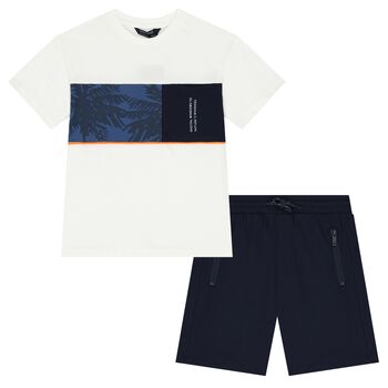 Boys White & Navy Blue Shorts Set