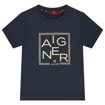 Younger Boys Navy Blue & Gold Logo T-Shirt