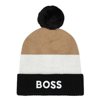 Younger Boys Black, White & Beige Logo Knitted Hat