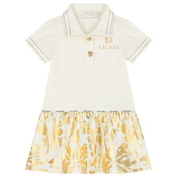 Younger Girls Ivory & Gold Logo Dress