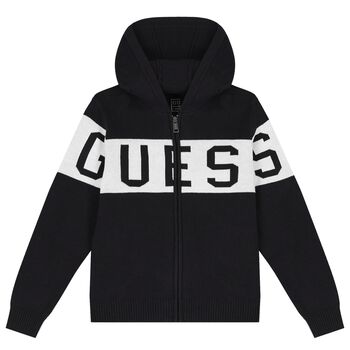 Boys Black & White Logo Knitted Hooded Zip Up Top