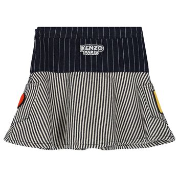 Girls Navy Blue & Ivory Logo Striped Skirt