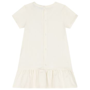 Younger Girls Ivory Bag Logo Dress