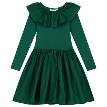 Girls Green Ruffled Long Sleeve Dress