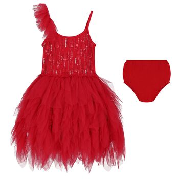 Younger Girls Red Ruffled Tulle Dress Set