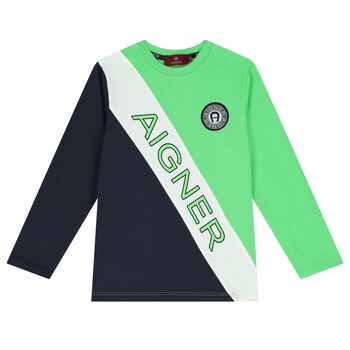 Boys Green & Navy Blue Logo Long Sleeve Top