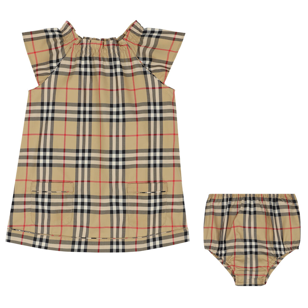 Burberry Baby Girls Beige Check Dress Set | Junior Couture UK