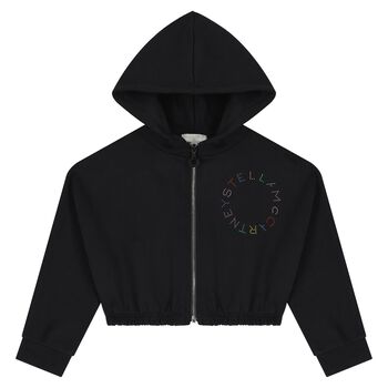 Girls Black Logo Hooded Zip Up Top