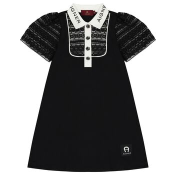 Girls Black Logo Lace Dress