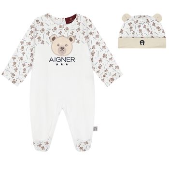 White Teddy Bear Logo Babygrow Gift Set