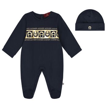 Baby Boys Navy Blue & Gold Logo Babygrow Set