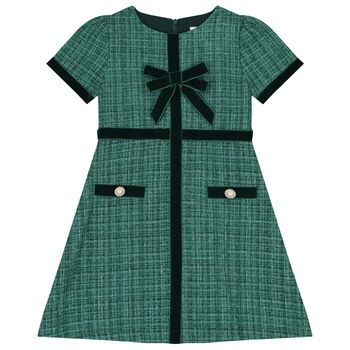 Girls Green Tweed & Velvet Bow Dress