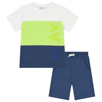 Boys White, Green, & Navy Blue Shorts Set