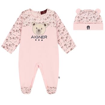 Baby Girls Pink Teddy Bear Logo Babygrow Set