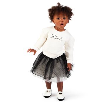 Younger Girls Ivory & Black Logo Skirt Set