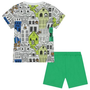 Younger Boys White & Green Logo Shorts Set