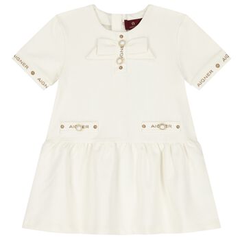 Younger Girls Ivory Logo Dress