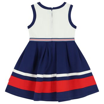 Girls White & Navy Blue Bow Dress