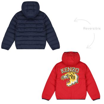 Navy Blue & Red Logo Reversible Puffer Jacket