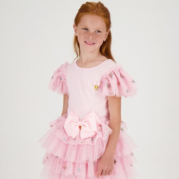 Girls Pink Tulle Sleeve T-Shirt